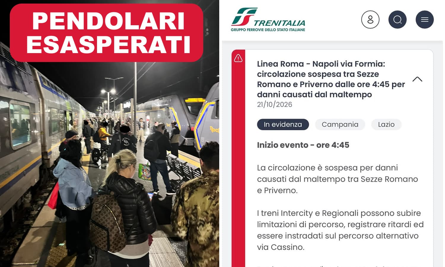 Treni in tilt tra Roma e Napoli, pendolari esasperati: «Non è la prima volta. Arrivare al lavoro in orario è diventato un'incognita»