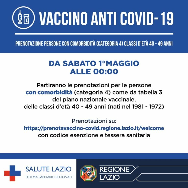 Regione Lazio, vaccini 40-49 (nati nel 1981 – 1972) per persone con comorbidità