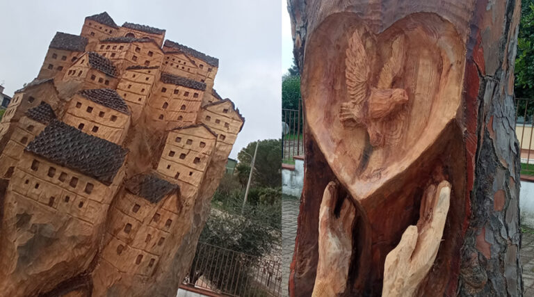 Ceppi di pino trasformati in opere d’arte. A Lenola le sculture di Andrea Gandini