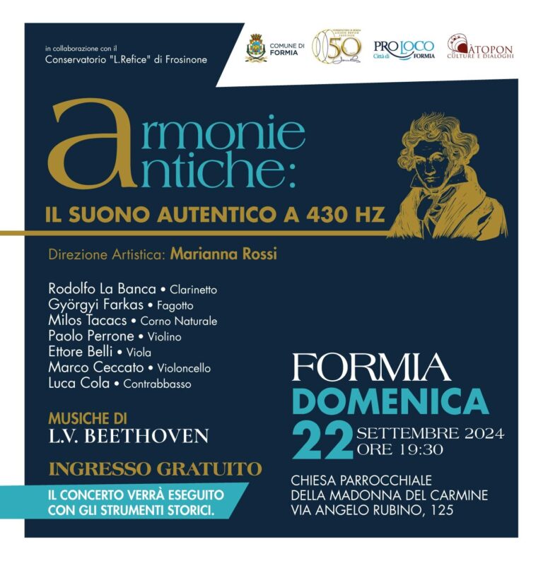 Formia: Armonie Antiche. Il concerto a ritroso nel tempo del suono autentico dei 430Hz a cura di Marianna Rossi.